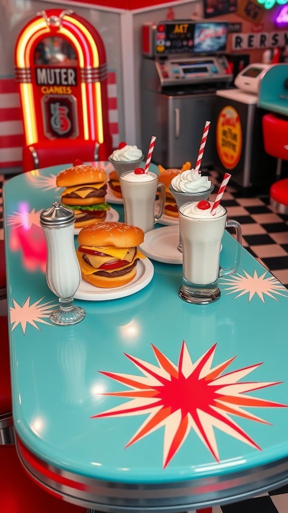 A retro diner table with red seating, a jukebox in the background, and salt and pepper shakers on the table.