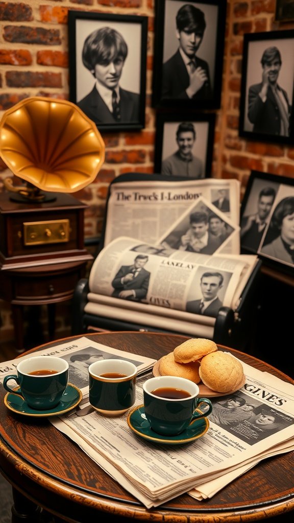 Vintage café setting with teacups, cookies, and black-and-white portraits on the wall