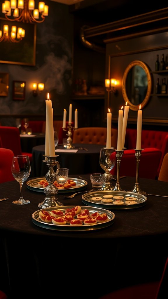 A stylishly set party table inspired by the Velvet Underground, featuring candles and elegant appetizers.