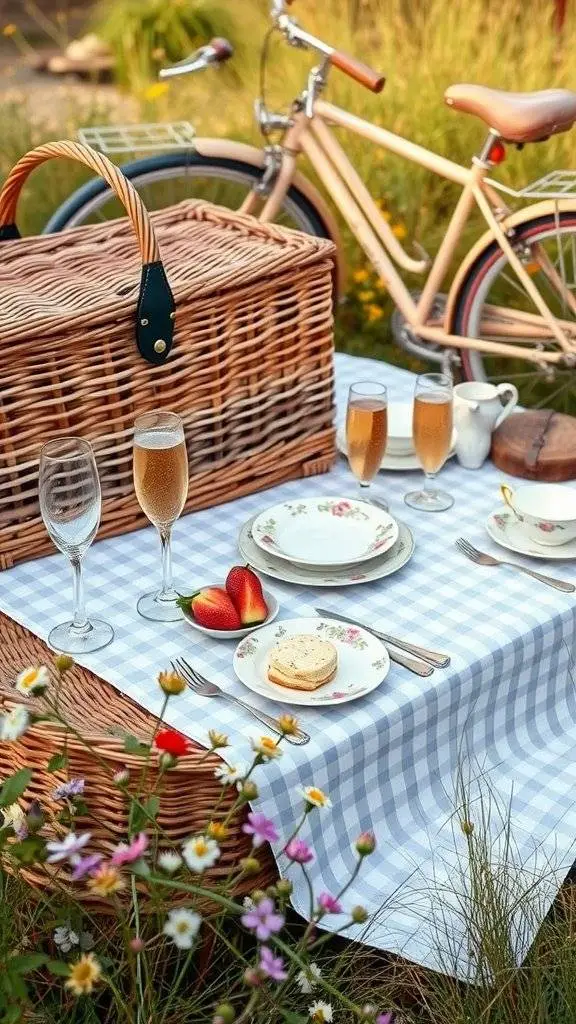 A vintage picnic setup with a wicker basket, elegant glassware, and a pastel bicycle in a flower-filled meadow.