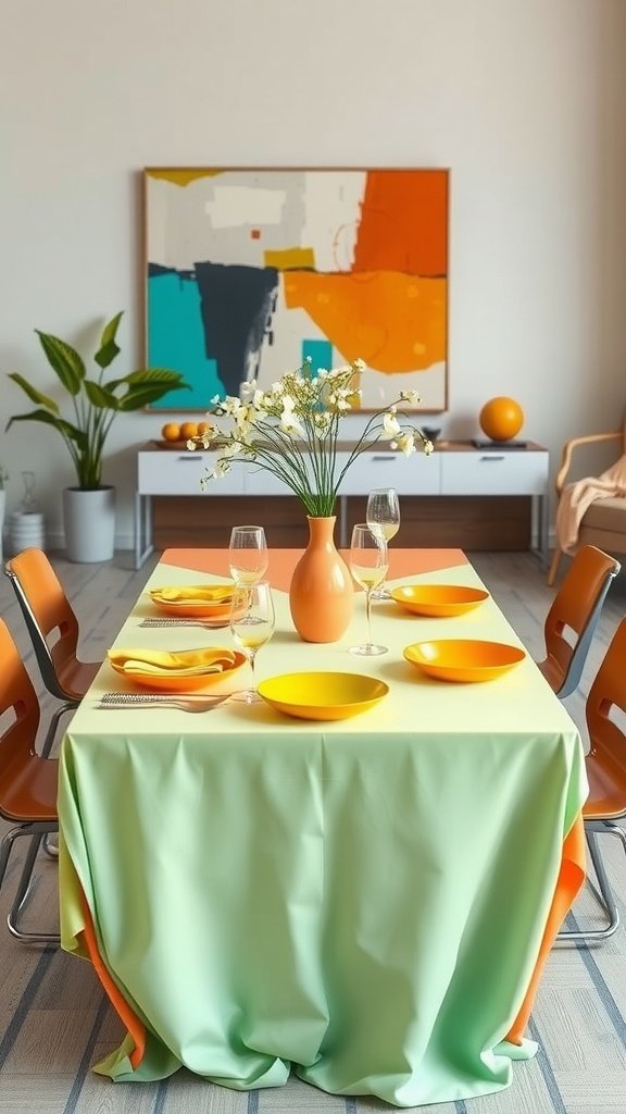 A colorful 1960s inspired party table with orange and green tablecloth, yellow plates, and a vase of white flowers.