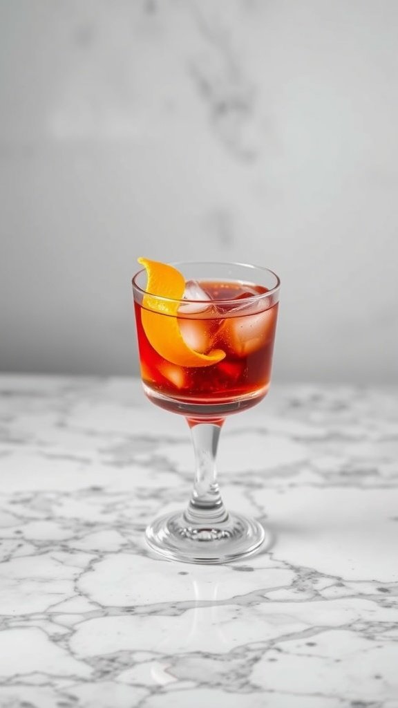 A classic Negroni cocktail garnished with an orange peel