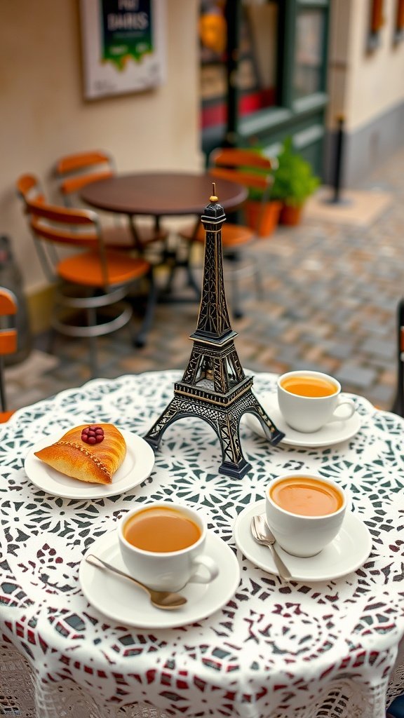 A table in a Parisian café with an Eiffel Tower centerpiece, cups of tea, and a pastry.