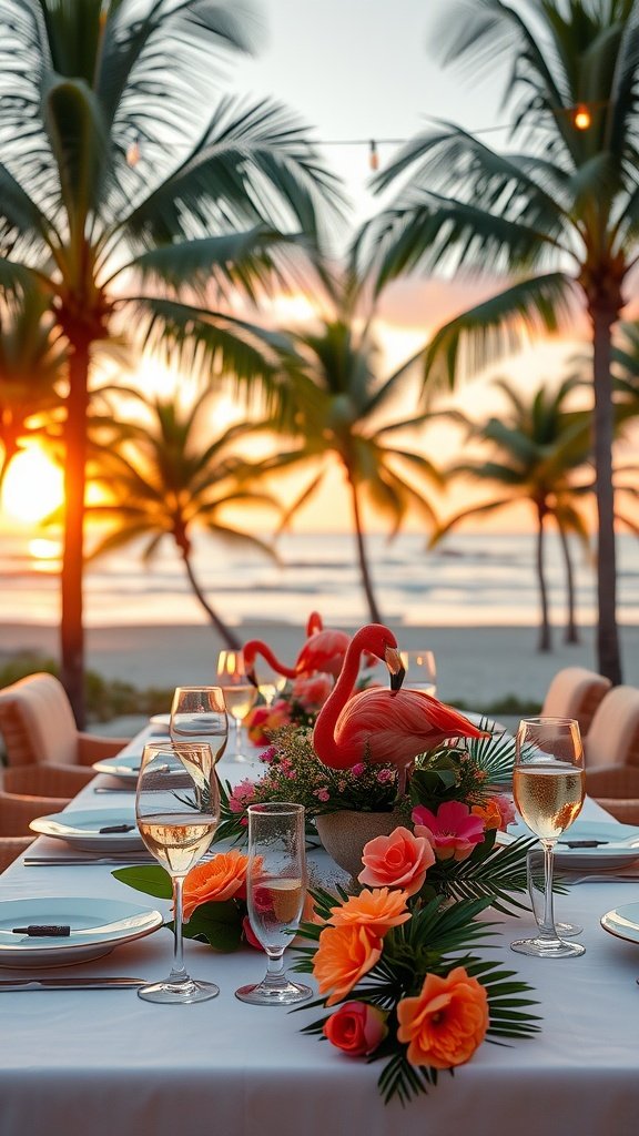 Beach dinner setup with flamingo decorations and palm trees at sunset