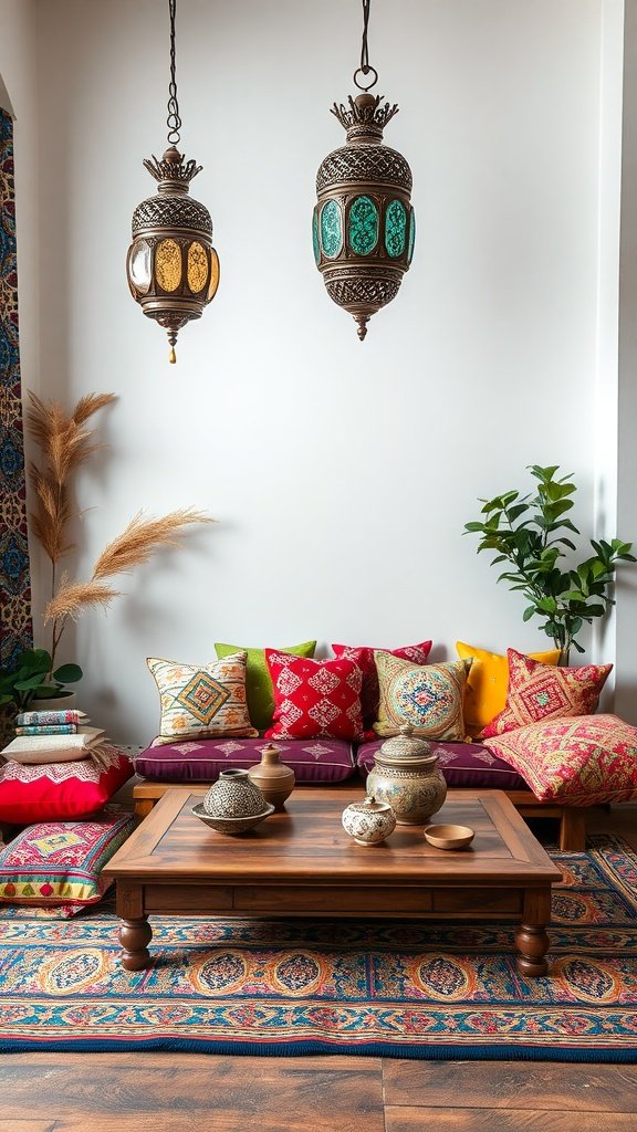 A bohemian styled living area with colorful cushions, hanging lanterns, and decorative pots.