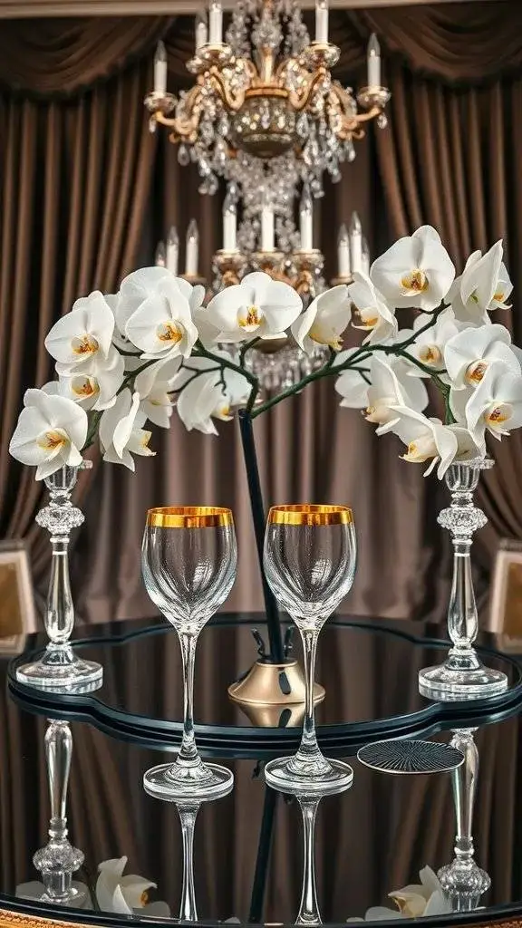 Elegant champagne glasses with gold rims on a black table, surrounded by orchids and a chandelier in the background.