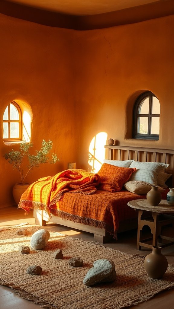 A cozy bedroom inspired by Tatooine, featuring warm orange bedding, natural stone decor, and soft sunlight streaming through windows.