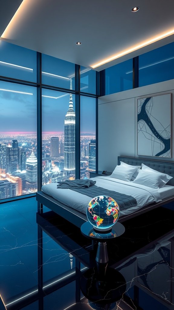 A cozy bedroom designed like an ice cave, featuring cool colored walls, a warm bed, and a window showing a snowy landscape.