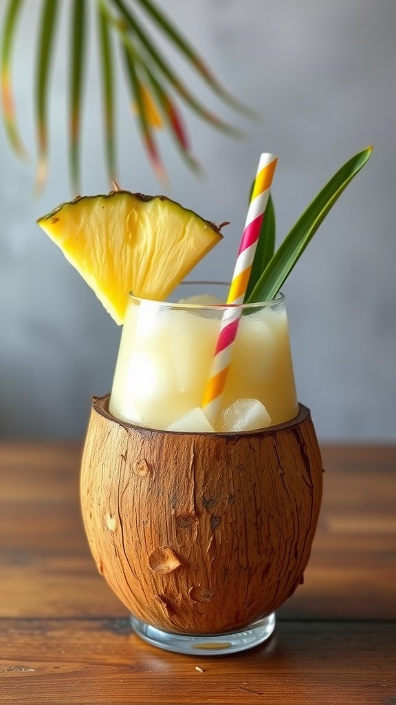 A refreshing Pina Colada cocktail garnished with a pineapple wedge and served in a coconut cup.