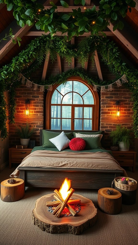 Cozy bedroom inspired by Endor from Star Wars with wooden beams, greenery, and a log coffee table with a fire.