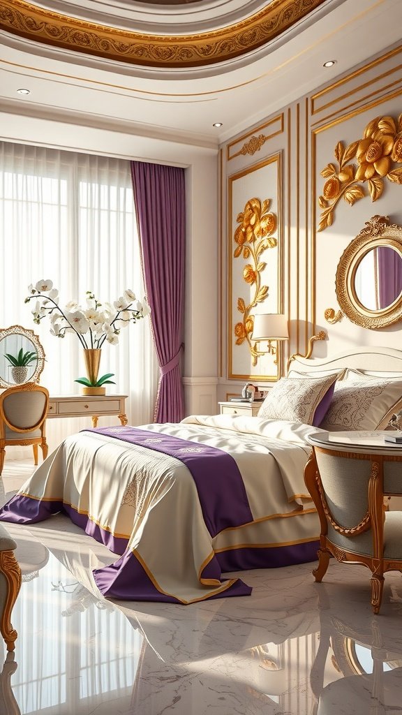 A luxurious bedroom inspired by Naboo from Star Wars, featuring purple and cream colors with gold accents, intricate wall designs, and elegant furniture.