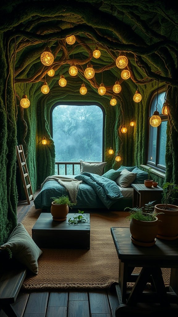 Cozy bedroom inspired by Dagobah with green walls, warm lighting, and natural decor.