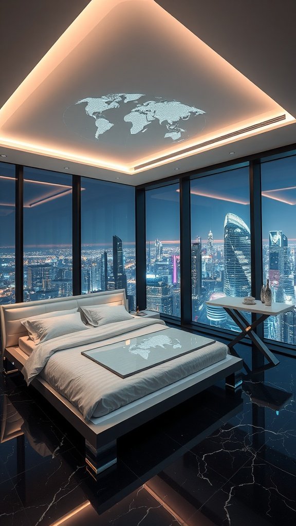 A modern bedroom with panoramic windows showcasing a skyline.