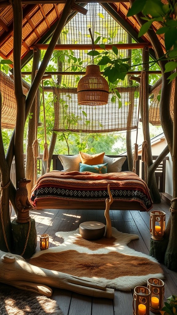 A cozy bedroom in a treehouse, featuring a bed with colorful cushions, wooden decor, and soft lighting.