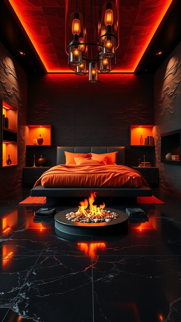 A cozy bedroom with orange and red lighting, featuring a modern bed and a circular fireplace.