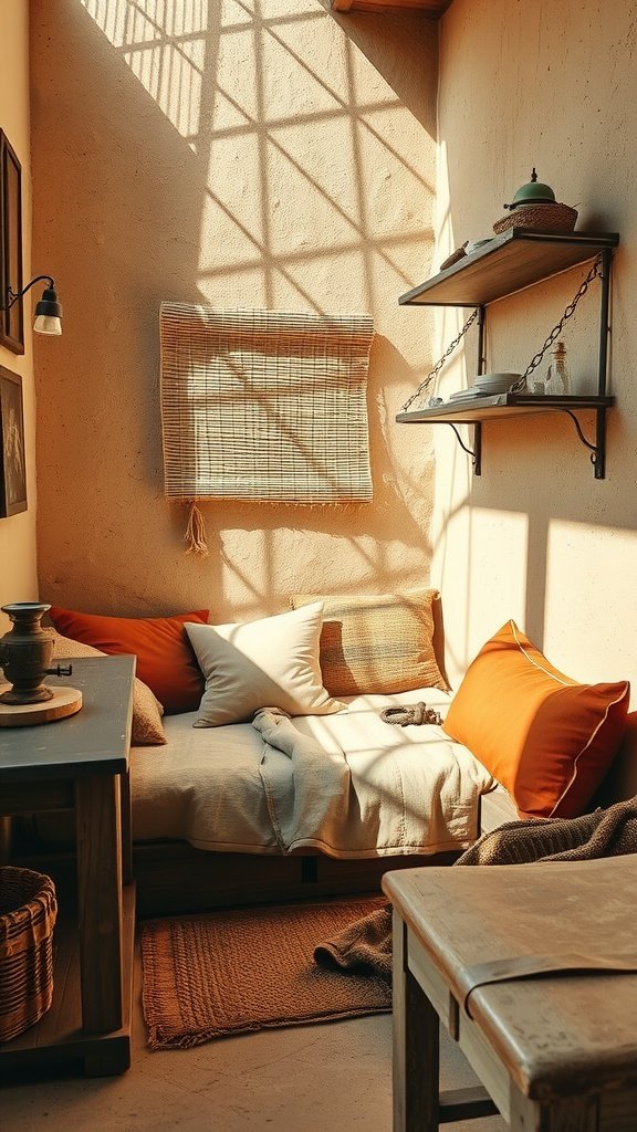 Cozy bedroom nook inspired by Jakku, featuring warm colors, cushions, and soft lighting.