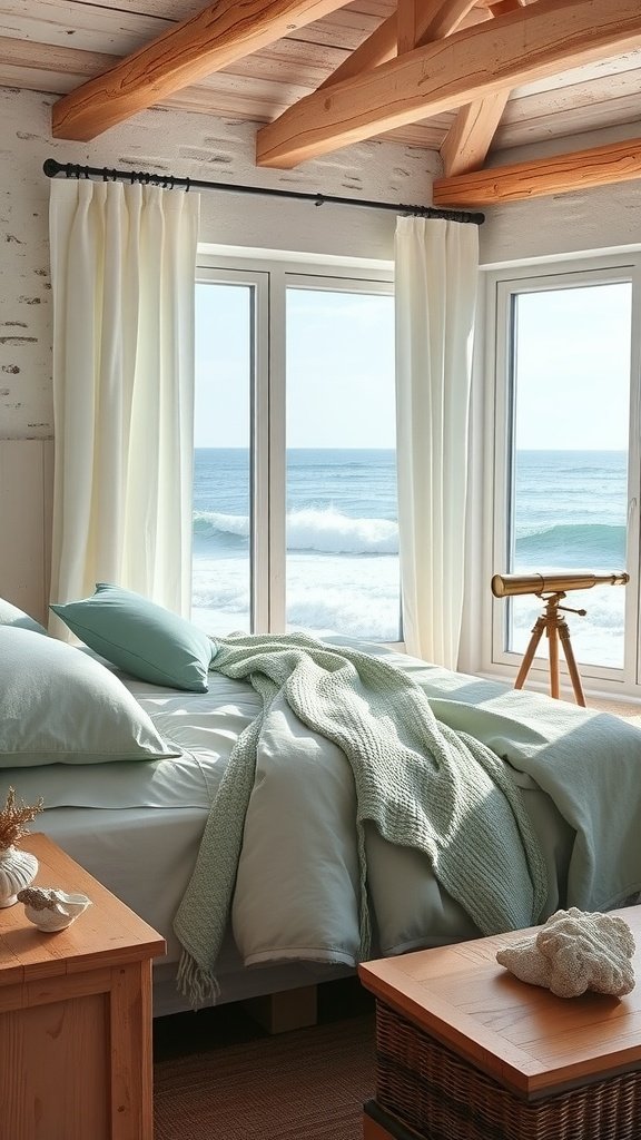 A cozy bedroom with large windows overlooking the ocean, featuring mint green bedding and wooden accents.