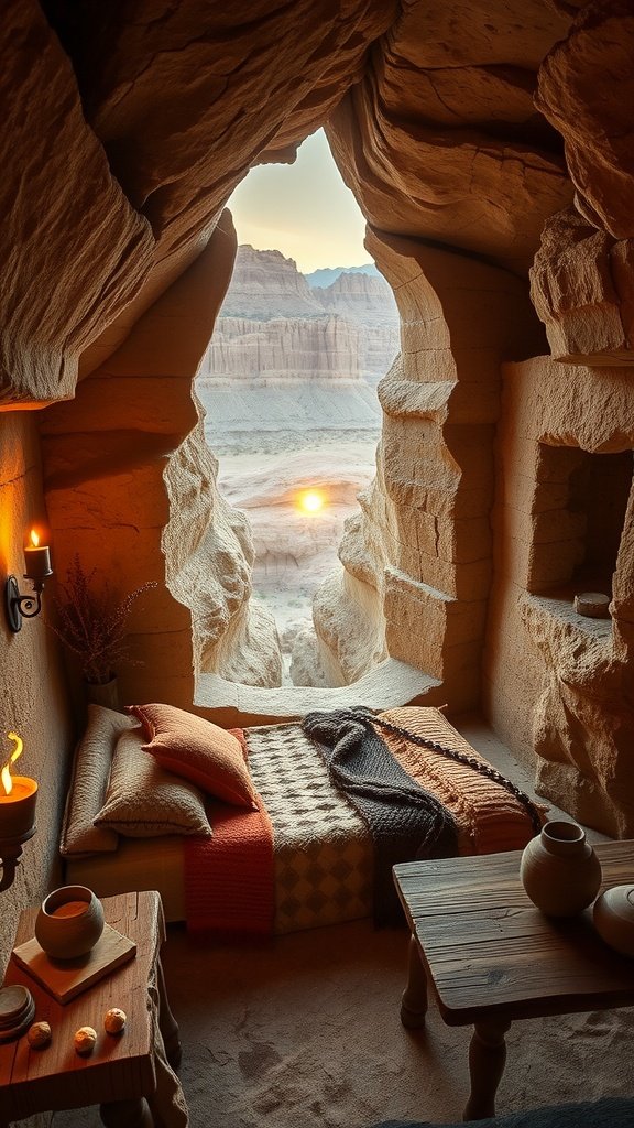 Cozy bedroom inspired by Geonosis with a rocky view and natural light.