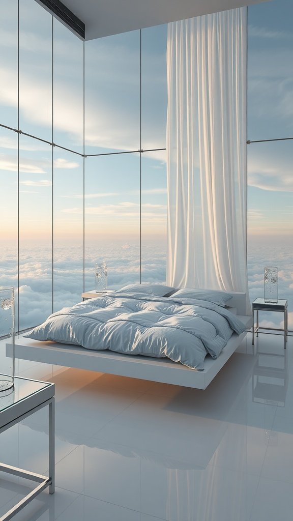 A modern bedroom with floor-to-ceiling windows overlooking clouds, featuring a minimalist bed and side tables.
