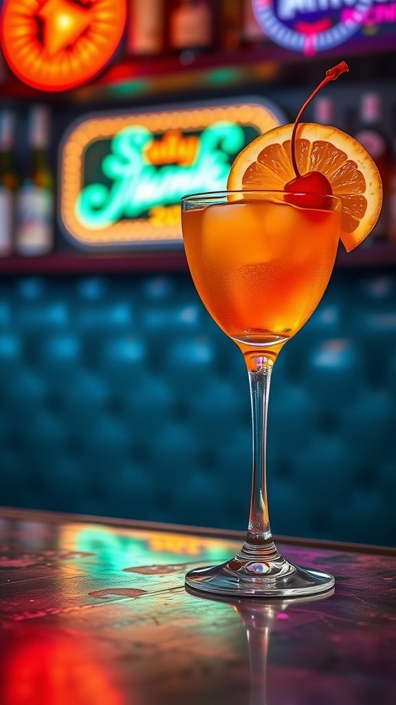 A vibrant Whiskey Sour cocktail garnished with an orange slice and cherry