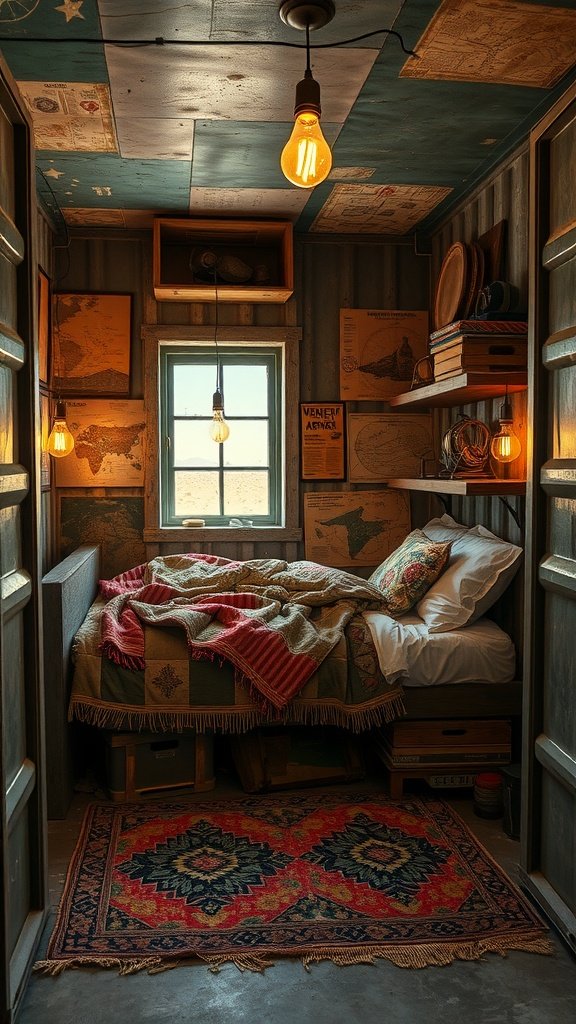 Cozy bedroom inspired by Jakku from Star Wars, featuring warm tones, maps on the wall, and rustic furniture.