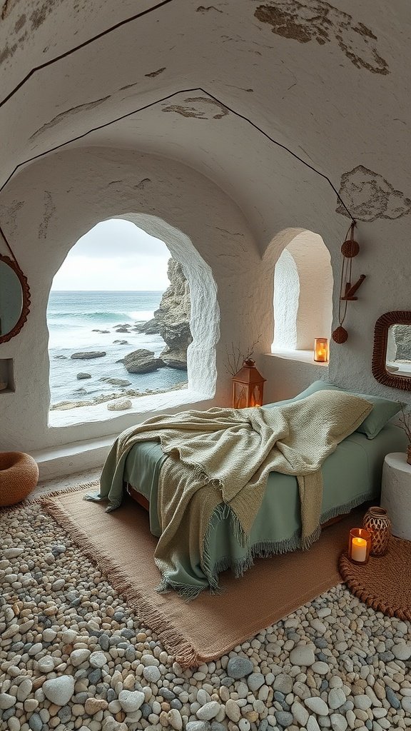 Cozy cave chamber inspired by Ahch-To, featuring a bed, natural decor, and ocean views.