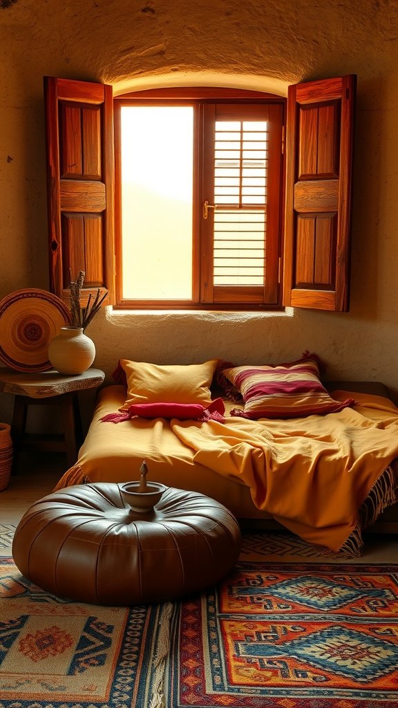 A cozy bedroom inspired by Tatooine, featuring a warm color palette, a bed with colorful pillows, a pouf, and a window showcasing desert views.