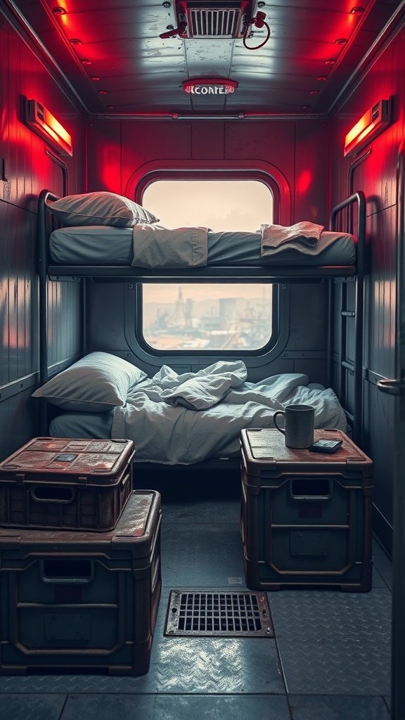 Interior of a Kessel Spice Miner's bunk showing bunk beds, crates, and red lighting.