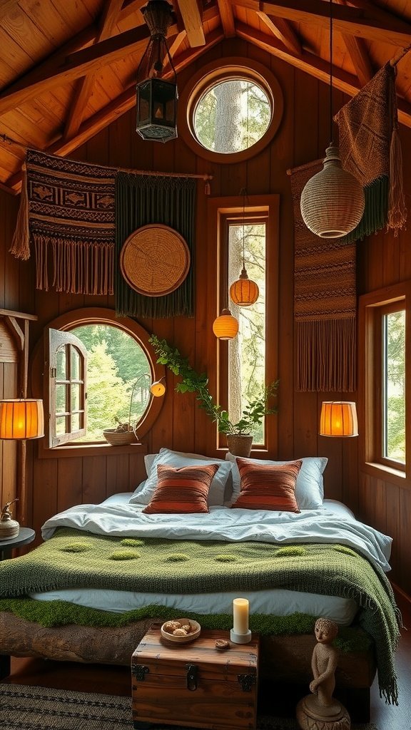 A cozy bedroom inspired by Endor, featuring wooden walls, circular windows, and a green textured blanket on the bed.