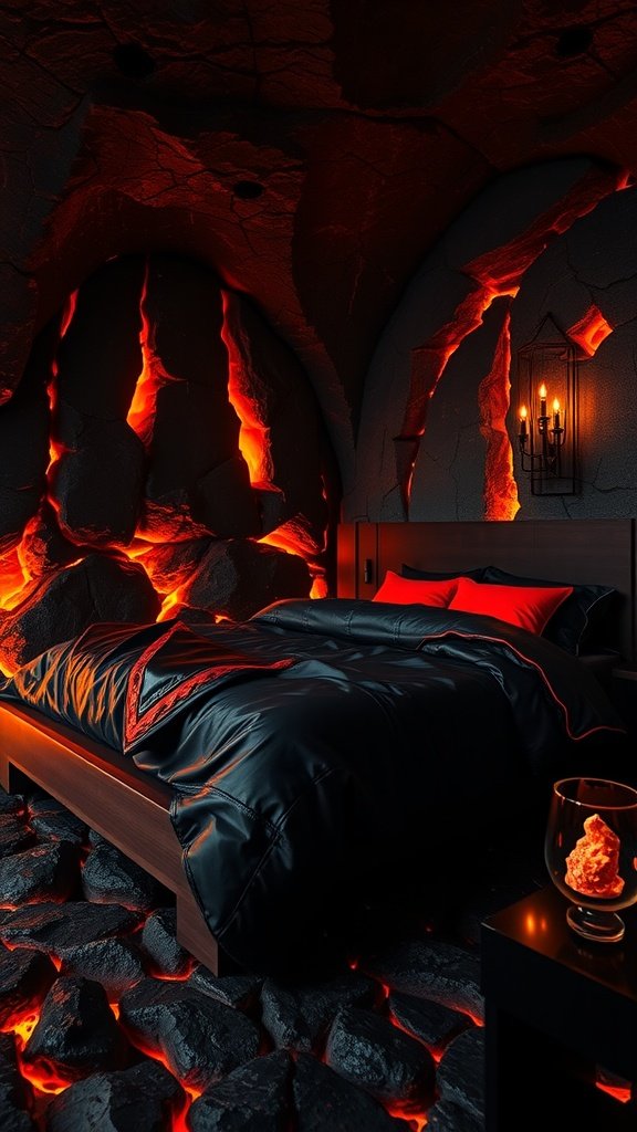 A cozy bedroom designed like a cavern on Mustafar with black and red decor and lava-inspired details.