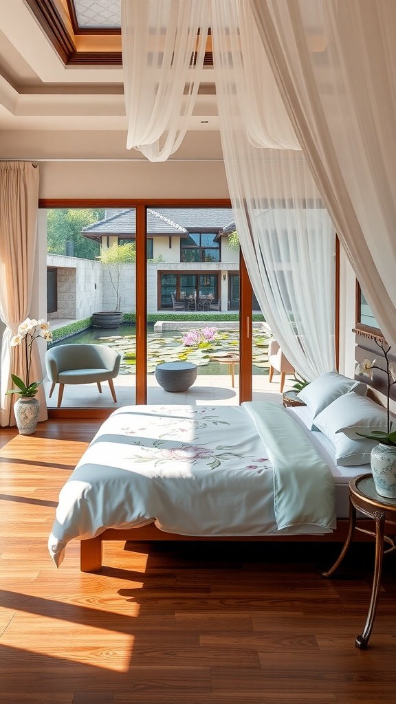 A beautiful bedroom inspired by Naboo, featuring large glass doors, a cozy bed, and a view of a water garden.