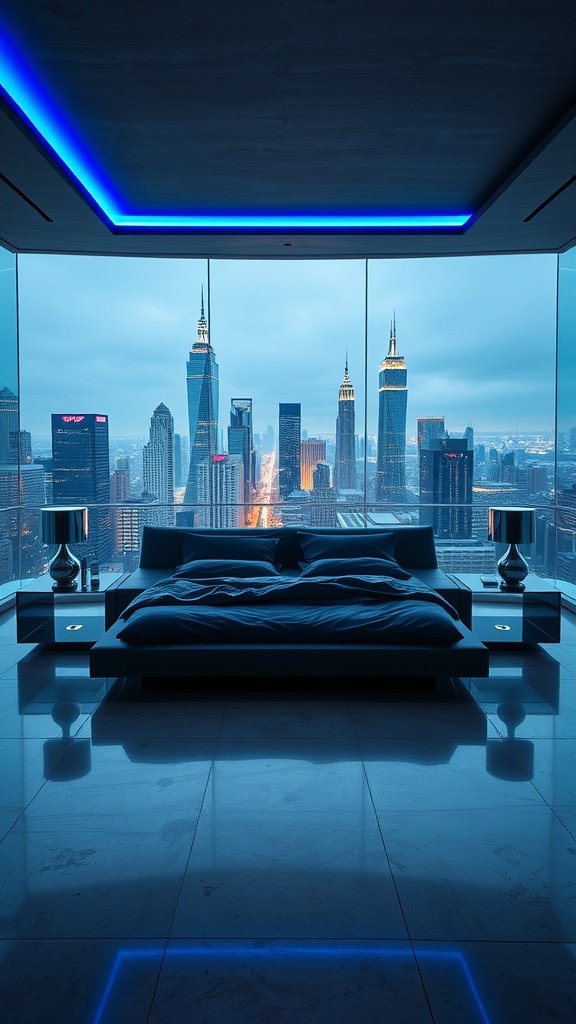 A modern penthouse bedroom with a view of a city skyline, featuring sleek furniture and blue lighting.