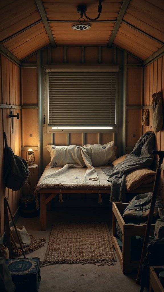 Cozy interior of a Jakku sandstorm shelter with a bed, lantern, and storage.