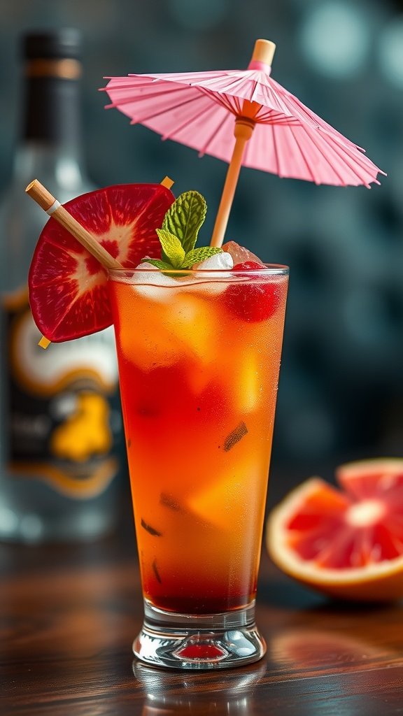 A refreshing Mai Tai cocktail garnished with mint and fruit slices.
