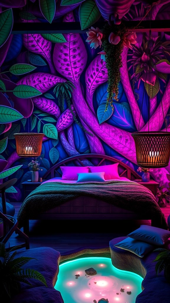A cozy bedroom inspired by Felucia with vibrant colors, a glowing pool, and lush decor.