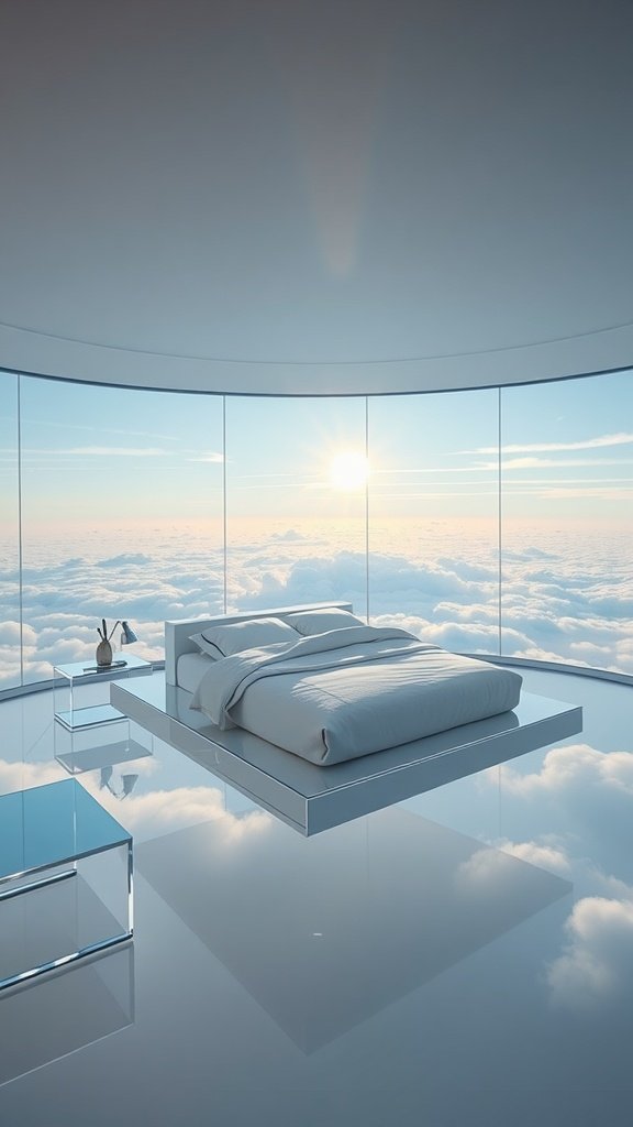 A modern bedroom with a glass wall overlooking clouds, featuring a king-size bed and minimalist decor.