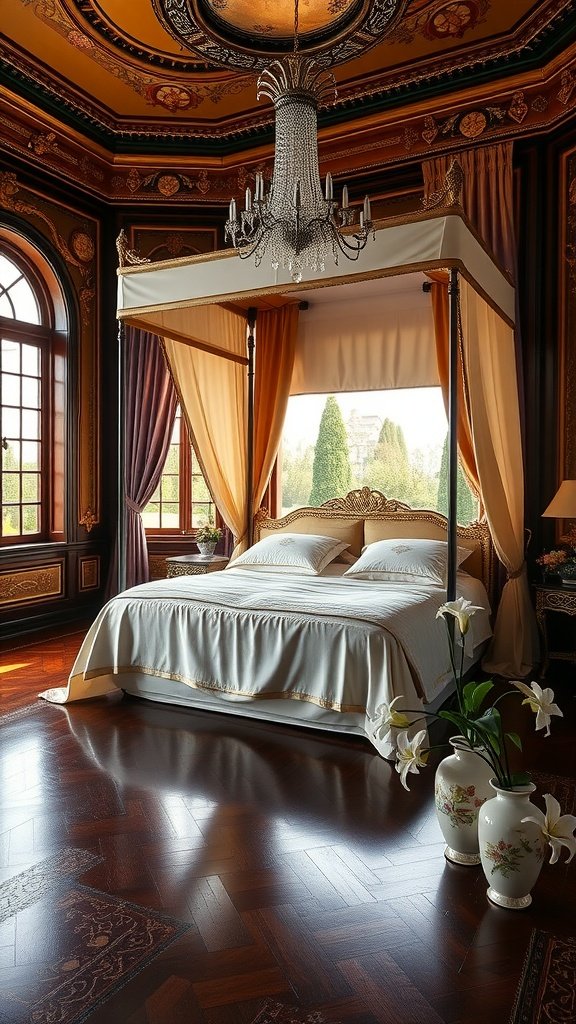 A luxurious bedroom inspired by Naboo from Star Wars, featuring a canopy bed, elegant decor, and a chandelier.