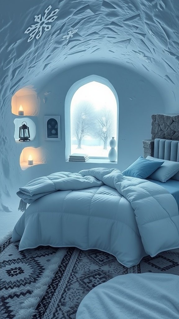 A cozy bedroom inspired by Hoth with ice-carved walls, a large window showing snow outside, and soft blue bedding.