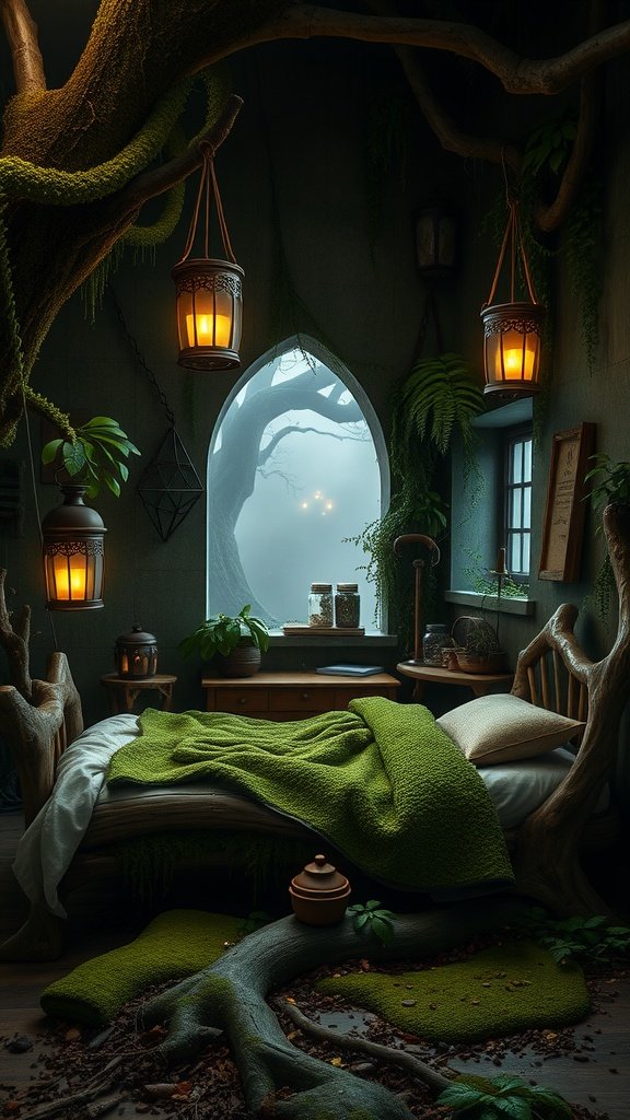 Cozy bedroom inspired by Dagobah with natural decor, warm lighting, and a view of a misty swamp.