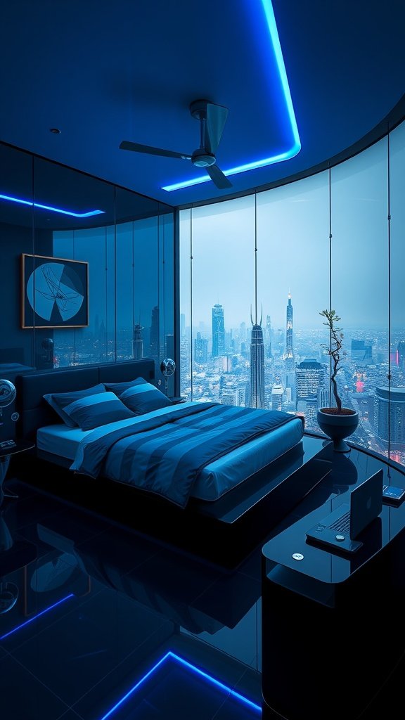 A modern bedroom with a futuristic design, featuring a city skyline view, neon blue lights, and minimalistic furniture.