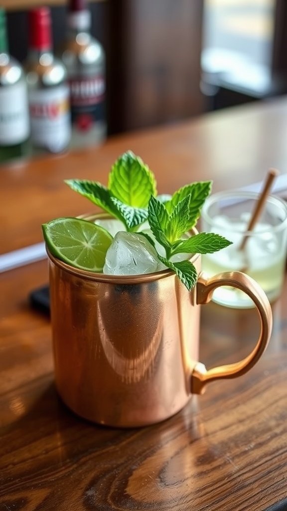 A copper mug filled with a Moscow Mule cocktail, garnished with mint leaves and lime.