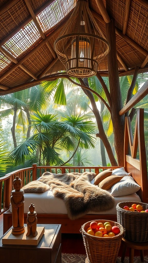A cozy bedroom retreat in a tree canopy with natural decor and a warm atmosphere