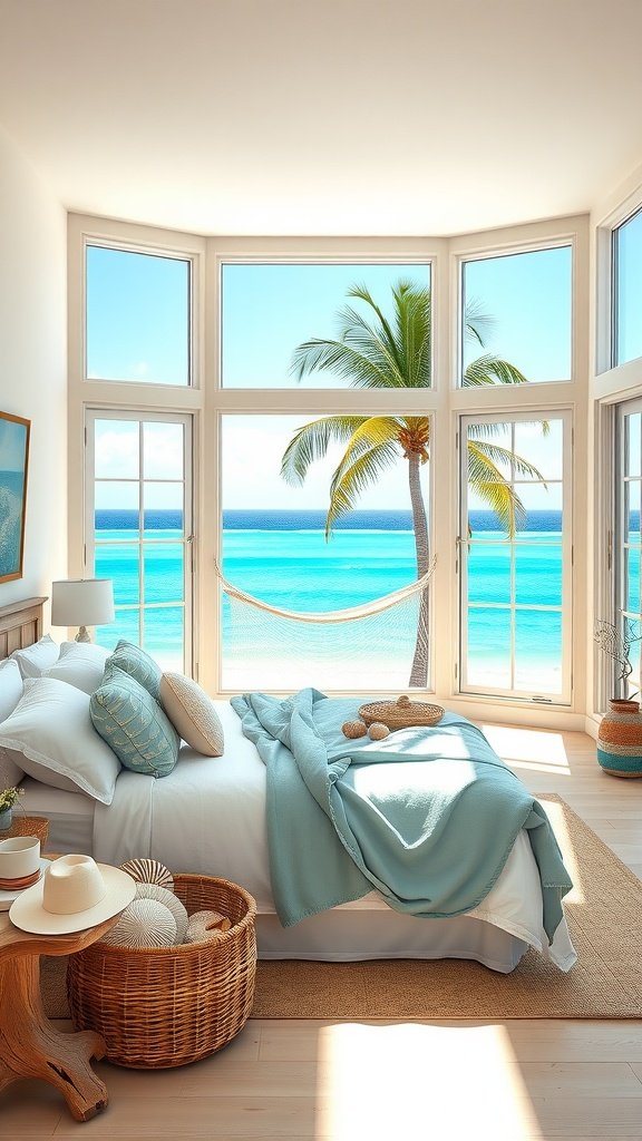 A cozy beachfront bungalow bedroom with ocean views and tropical decor.