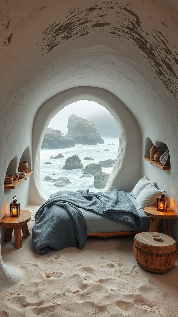 Cozy cave bedroom with ocean view, featuring sandy floor, wooden furniture, and soft bedding.