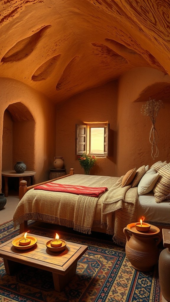 Cozy bedroom inspired by Tatooine from Star Wars, featuring sandstone walls, a wooden bed, and glowing candles.