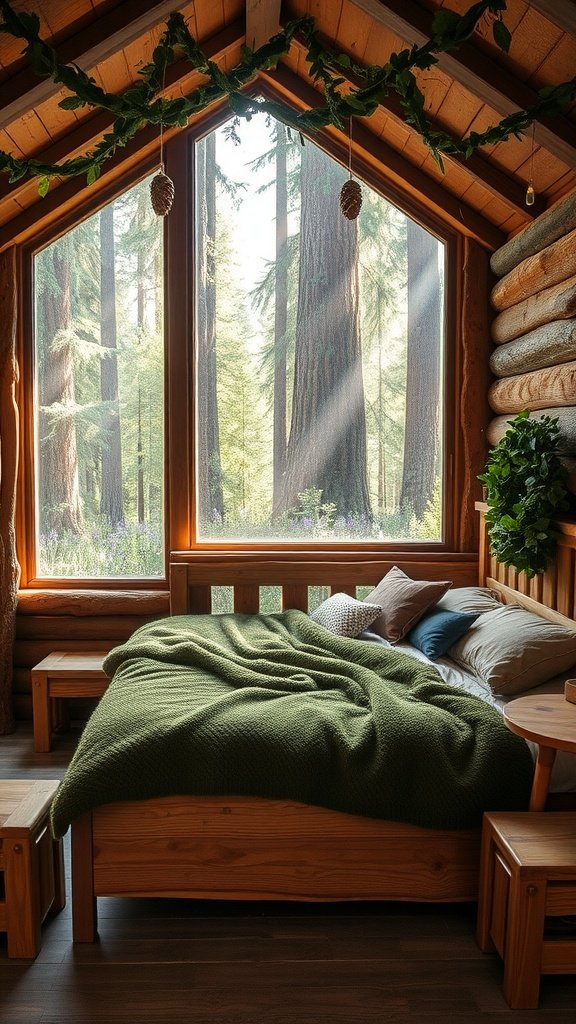 A cozy bedroom designed to resemble a forest glade with large windows, wooden furniture, and greenery.