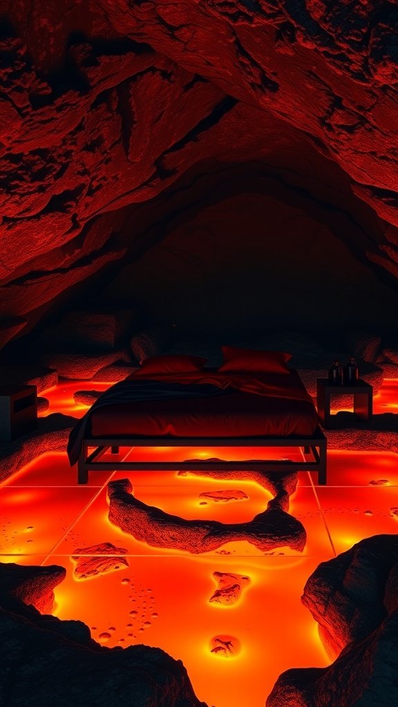 A cozy bedroom inspired by Mustafar, featuring a bed with dark linens, a lava-like floor, and warm lighting.