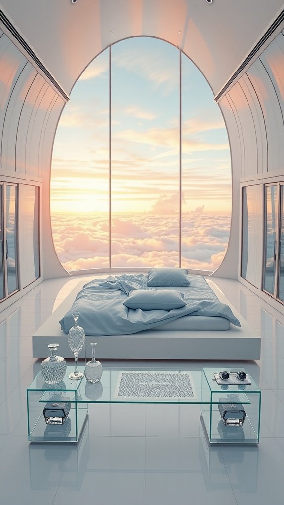 A modern, serene bedroom inspired by Bespin Cloud City with large windows and a view of clouds.