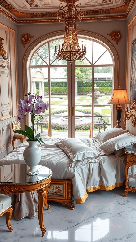 Luxurious bedroom inspired by Naboo, with large windows, elegant chandelier, and stylish decor.