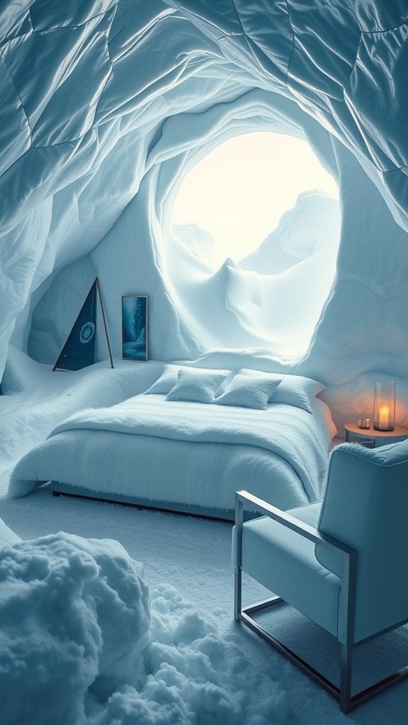 Cozy bedroom inside an ice cave with a snowy landscape visible through a circular window